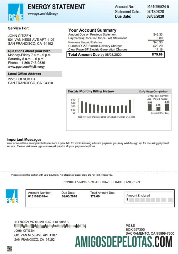 imprimível Modelo de conta de serviços públicos de eletricidade da PG&E dos EUA, Califórnia, em formato Word e PDF
